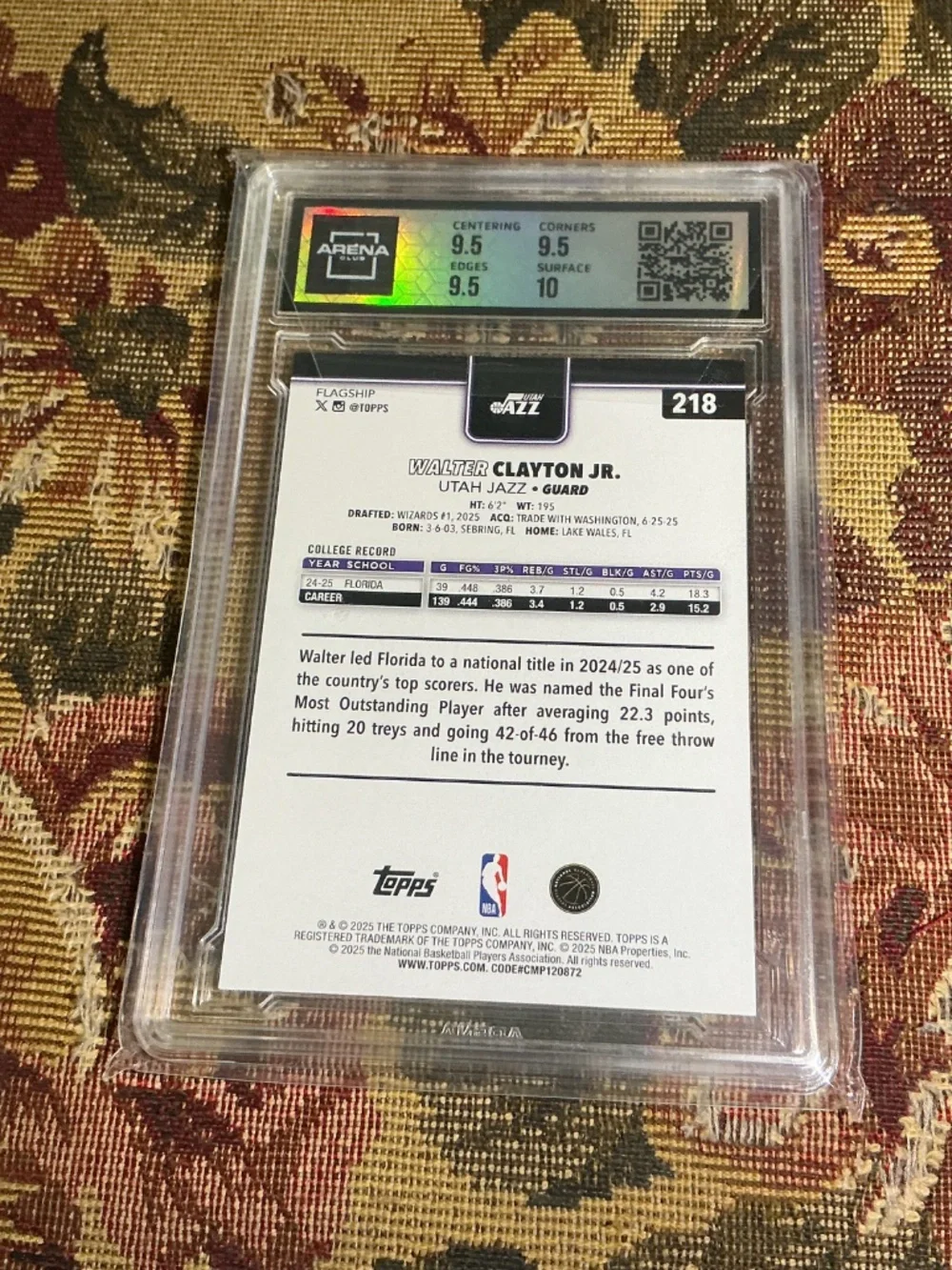 2025-26 Topps 218 Walter Clayton Jr. Rookie card Graded Arena 10